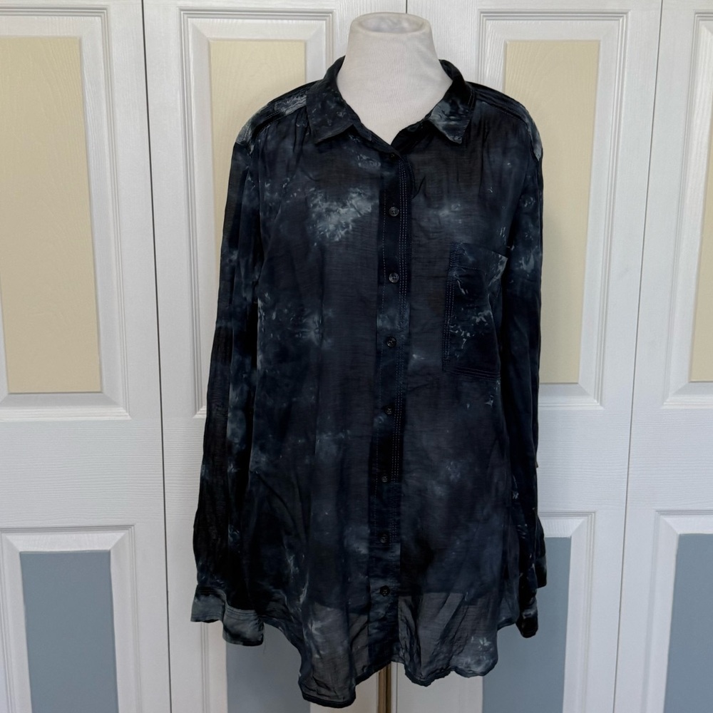 Pilero by‎ Anthropologie Women’s Black Tie Dye Sheer Button Down Shirt Sz XL